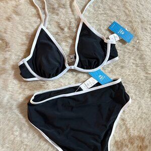 Cupshe Black & White Piping Underwire Bikini Top & High-Waisted Bottoms Set